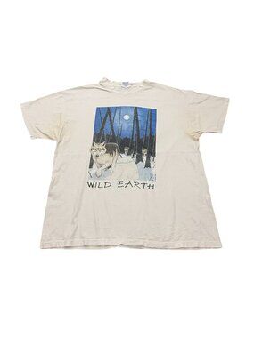 Vintage 1990s Wild Earth Wolf Print T Shirt Made in USA Single Stitch